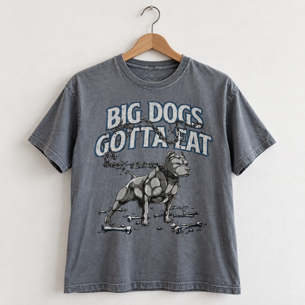 Big Dogs Gotta Eat Pitbull Graphic T-Shirt Gray Garment Dyed XL